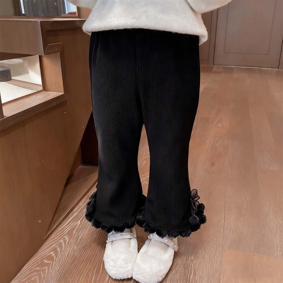 Kids Winter Fleece Wide Leg Pants Girls Flare Pants Fleece Lined Pompoms Elastic Waist Warm Bottoms Bow Details with Floral Lace Trim Soft Lined Trousers(Black,7-8 Years)