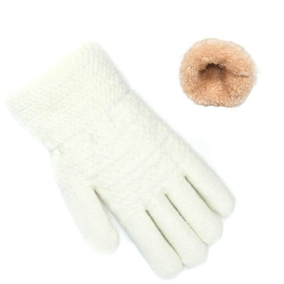 Kids Winter Gloves with Wool Fleece Plush Lining Thick Warm Full Fingers Knitted Gloves for Boys Girls, 6-13 Years White