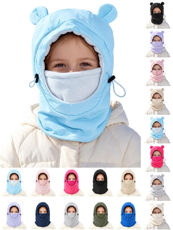 Kids Winter Hat, Bear Ear Fleece Lined Windproof Full Face Hood for Boys Girls, Warm Ski Cap Outdoor Snow Play Age 4-9