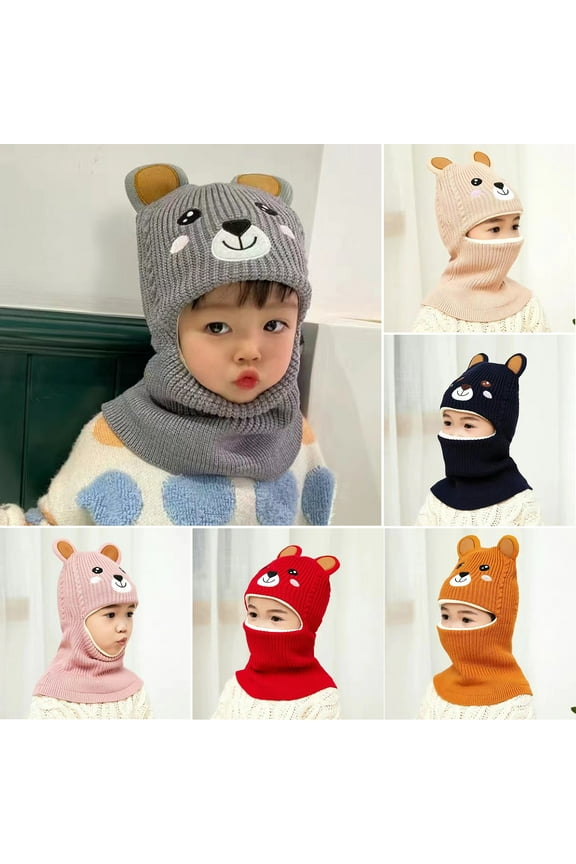 Kids Winter Hat, Cute Bear Ears One-piece No Brim Bonnet, Knitted Windproof Headwear Neck Warmer - Beanie Hat for Baby Boys Girls