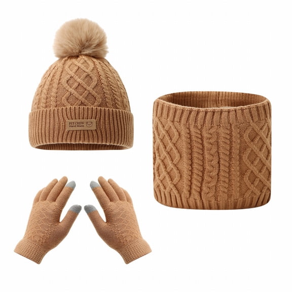 Kids Winter Hat Gloves Scarf 3-Piece Set, Bear Logo Fleece Lined Knit Beanie with PomPom, Solid Color Mittens and Neck Warmer Set for Boys and Girls Ages 2-8 Years, Warm Toddler Accessories Khaki