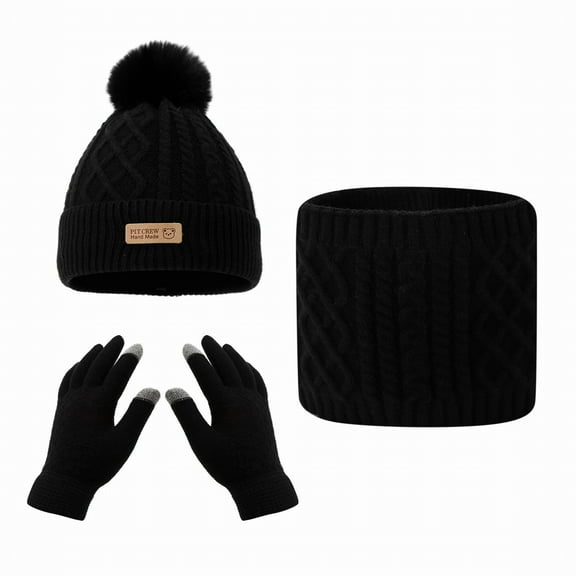 Kids Winter Hat Gloves Scarf 3-Piece Set, Bear Logo Fleece Lined Knit Beanie with PomPom, Solid Color Mittens and Neck Warmer Set for Boys and Girls Ages 2-8 Years, Warm Toddler Accessories Black
