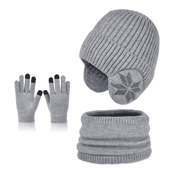 Kids Winter Hat Gloves Scarf 3-in-1 Set,Knit Beanie with Ear Flaps,Neck Gaiter and Mittens Fleece Lined Set for Toddler Boys Girls