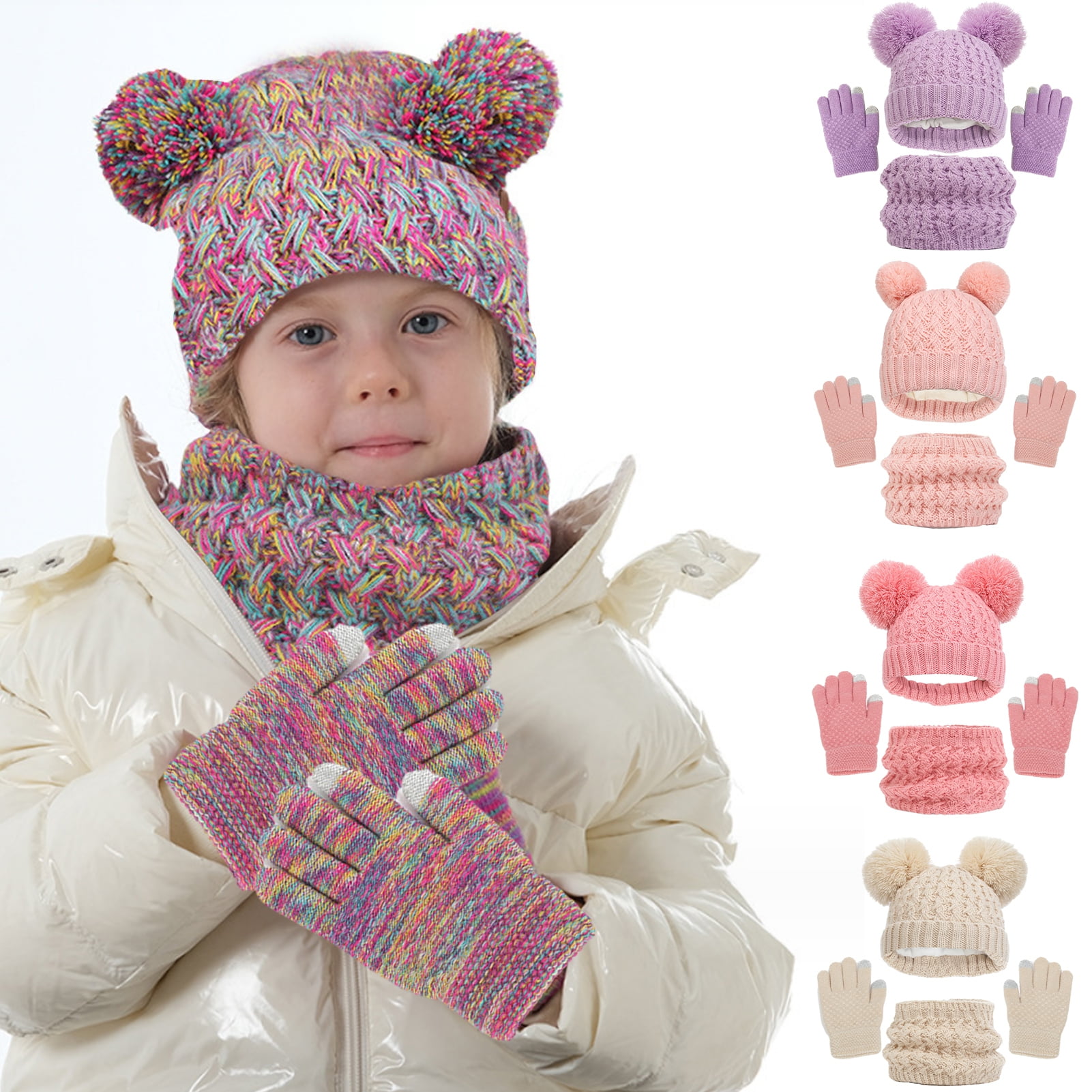 Kids Winter Hat Gloves Scarf Set, Children Hats Beanie with Pom Knit