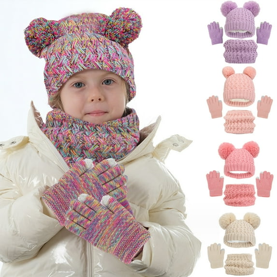 Kids Winter Hat Gloves Scarf Set, Children Hats Beanie with Pom Knit Neck Warmer Gaiter Mittens Fleece Lined Set for Boys Girls Toddler