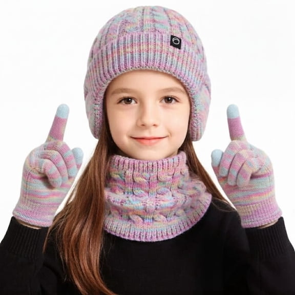 Kids Winter Hat Gloves Scarf Set, Fleece Lined Beanie with Earflaps Neck Warmer Gaiter Mittens for Toddler Girls Boys