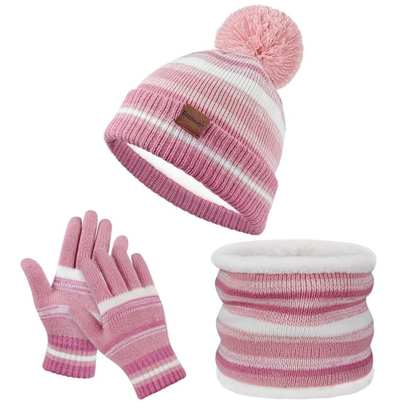 Kids Winter Hat Gloves Scarf Set: Girls Boys Beanie Hats Gloves Knit Set with Thick Warm Fleece Lined For Ages 6-10 Children
