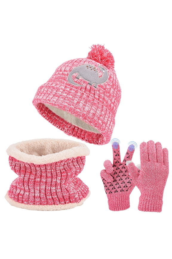 Kids Winter Hat Gloves Scarf Set, Girls Toddler Children Beanie with Pom Knit Neck Warmer Gaiter Mittens Fleece Lined Set for 3-12 Years Old