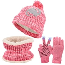Kids Winter Hat Gloves Scarf Set, Girls Toddler Children Beanie with Pom Knit Neck Warmer Gaiter Mittens Fleece Lined Set for 3-12 Years Old