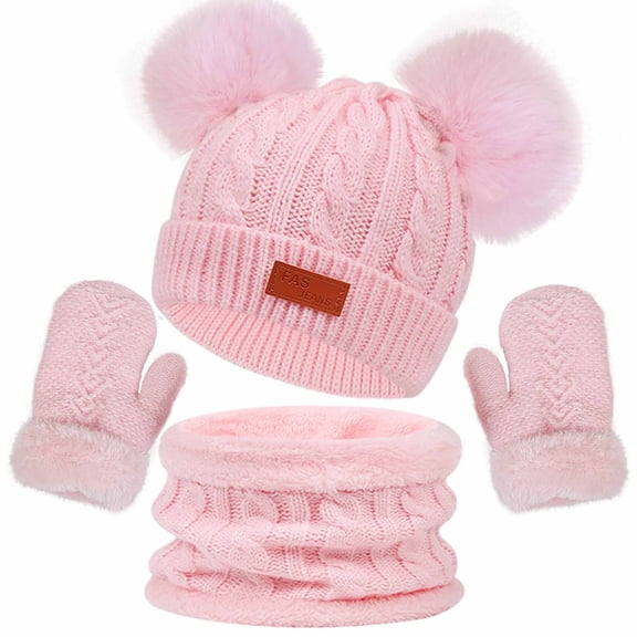 Kids Winter Hat Gloves Scarf Set,Girls Toddler Children Hats Beanie with Pom Knit Neck Warmer Gaiter Mittens Fleece Lined Set