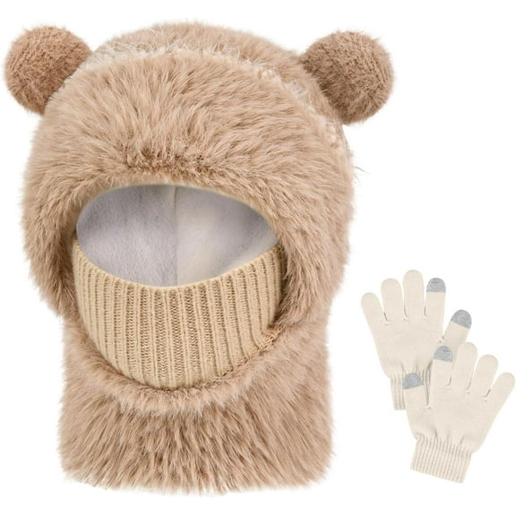 Kids Winter Hat Gloves Scarf Set- Kids Beanie Mask Cute Bear Pom Warm Fleece- Neck Warmer Mittens Fleece Lined Set