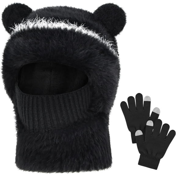 Kids Winter Hat Gloves Scarf Set- Kids Beanie Mask Cute Bear Pom Warm Fleece- Neck Warmer Mittens Fleece Lined Set