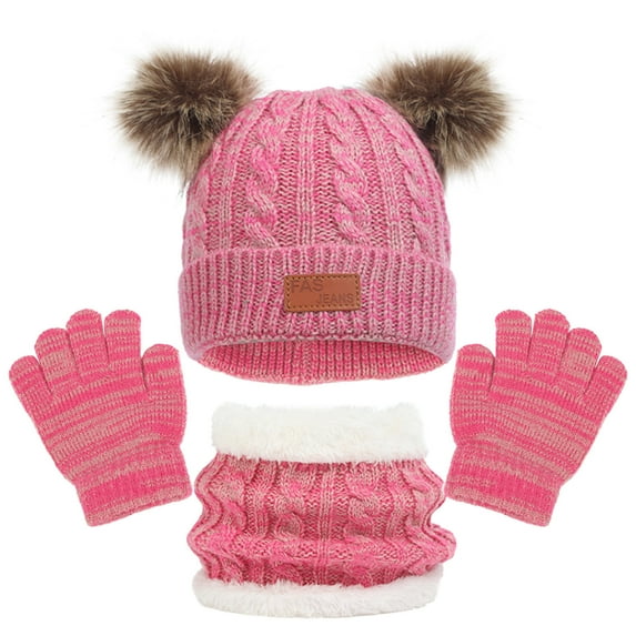 Kids Winter Hat Gloves Scarf Set Knit Beanie for Girls Boys with Cute Pom Pom for 1-11 Years Old