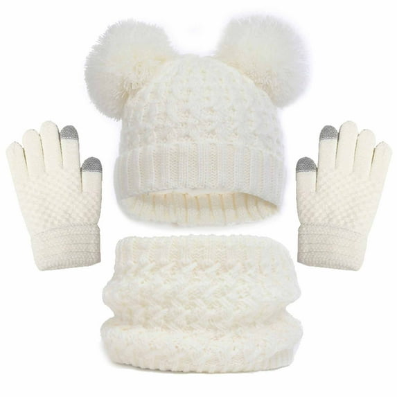 Kids Winter Hat Gloves Scarf Set Knit Beanie for Girls Boys with Cute Pom Pom