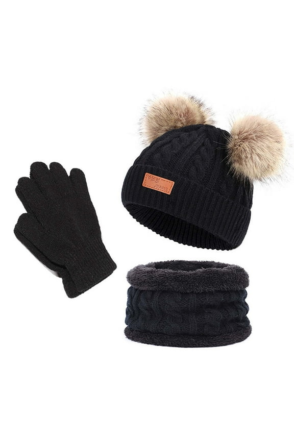 Kids Winter Hat Gloves Scarf Set Knit Toddler Beanie Cap with Pom Neck Warmer Mittens Fleece Lined Set for Baby Girls Boys