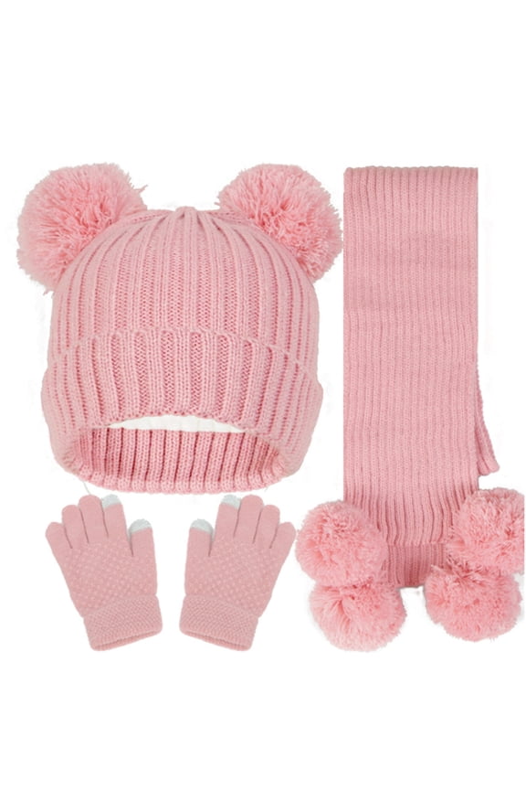 Kids Winter Hat Gloves Scarf Set, Toddler Beanie with Pom Pom, Beanie and Scarf Sets for Boys Girls 2-5 Year Old (5 Years, Pink)
