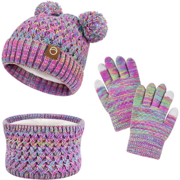 Kids Winter Hat Gloves Scarf Set,Toddler Girls Winter Hat Kids Beanie with Pom Neck Warmer Gaiter Mittens Fleece Lined Set