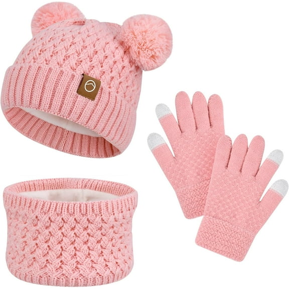 Kids Winter Hat Gloves Scarf Set,Toddler Girls Winter Hat Kids Beanie with Pom Neck Warmer Gaiter Mittens Fleece Lined Set