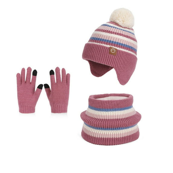 Kids Winter Hat Gloves Scarf Set for Girls Boys Soft Warm Knitted Beanie Cap with Pom Pom Christmas Gifts (One Size, Hot Pink #A)