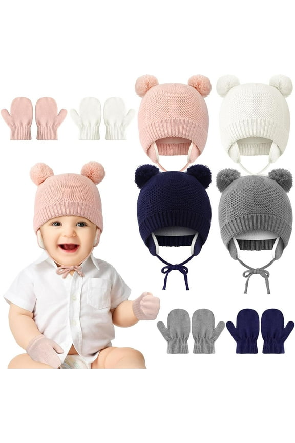 Kids Winter Hat Gloves Set for Girls Boys 1-3 Years,Toddler Earflap Beanie Ear Warmer Mittens Fleece Lined Set