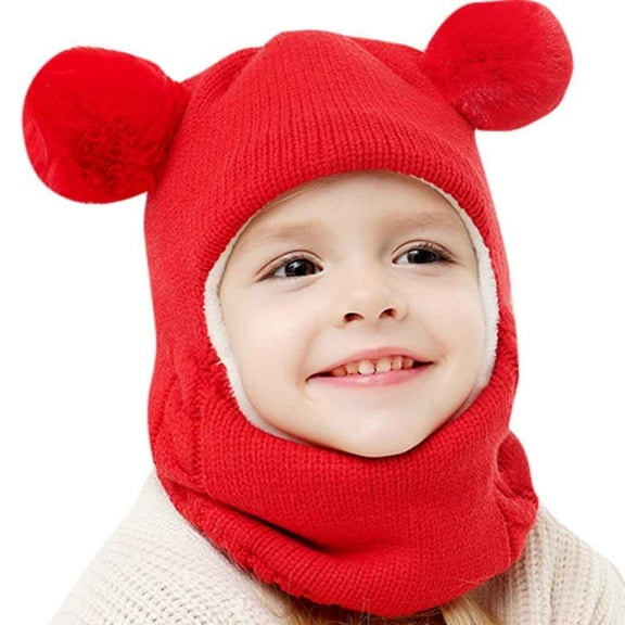 Kids Winter Hat Hooded Scarf Cap Warm Knit Flap Cap Scarf Set Outwear,Z01 Red,One Size