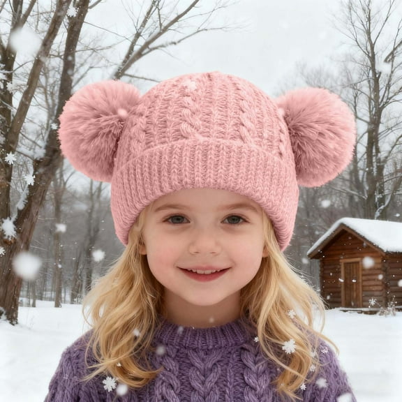 Kids Winter Hat Knitted Winter Beanie Hat with Double Pom Winter Windproof Hat for 3-8 Years Boys