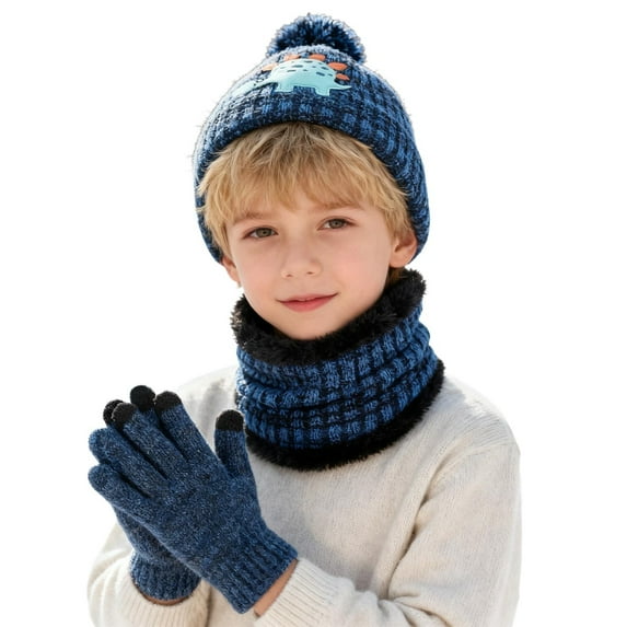 Kids Winter Hat Neck Warmer Glove Set, Warm Lining Beanie Hats Knitted Cap for 2-8 Years Boys Girls