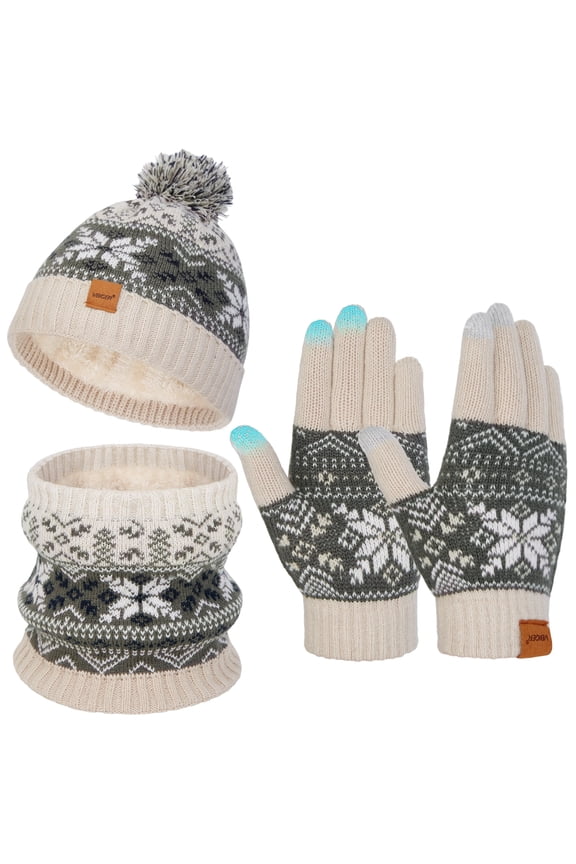 Kids Winter Hat Scarf Glove Set Knit Fleece Lined Beanie Neck Warmer Mittens Ski Set for Toddler Boys Girls 5-10 Years, Gray