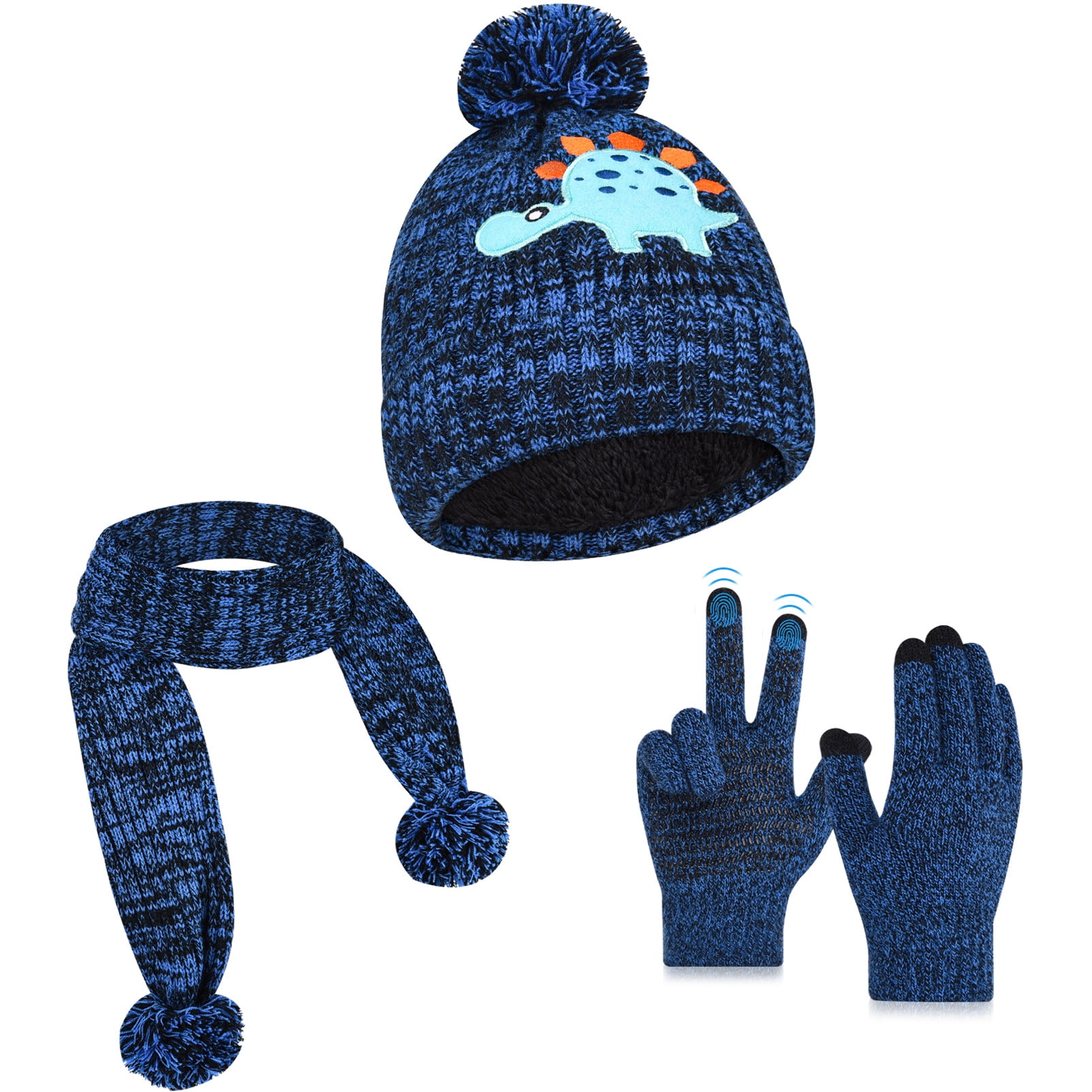 Kids Winter Hat Scarf Glove Set Knit Fleece Lined Beanie Neck Warmer
