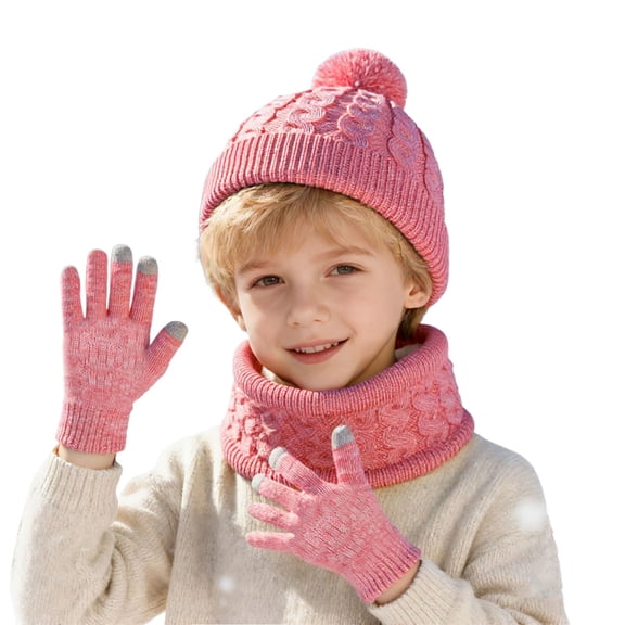 Kids Winter Hat Scarf Glove Set, Warm Lined Beanie Hats Knitted Cap for 2-8 Years Girls Boys