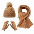 thumbnail image 1 of Kids Winter Hat Scarf Gloves 3-Piece Set, Striped Edge Color Block Beanie with PomPom, Fleece Lined Knit Mittens and Neck Warmer, Warm Toddler Accessories for Boys and Girls Ages 2-8 Years Old Khaki, 1 of 9