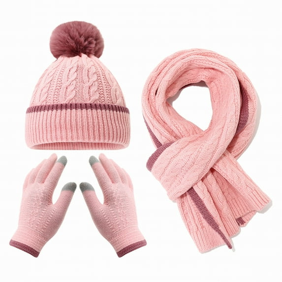 Kids Winter Hat Scarf Gloves 3-Piece Set, Striped Edge Color Block Beanie with PomPom, Fleece Lined Knit Mittens and Neck Warmer, Warm Toddler Accessories for Boys and Girls Ages 2-8 Years Old Pink