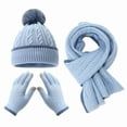 thumbnail image 1 of Kids Winter Hat Scarf Gloves 3-Piece Set, Striped Edge Color Block Beanie with PomPom, Fleece Lined Knit Mittens and Neck Warmer, Warm Toddler Accessories for Boys and Girls Ages 2-8 Years Old Blue, 1 of 5