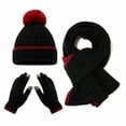 thumbnail image 1 of Kids Winter Hat Scarf Gloves 3-Piece Set, Striped Edge Color Block Beanie with PomPom, Fleece Lined Knit Mittens and Neck Warmer, Warm Toddler Accessories for Boys and Girls Ages 2-8 Years Old Black, 1 of 5