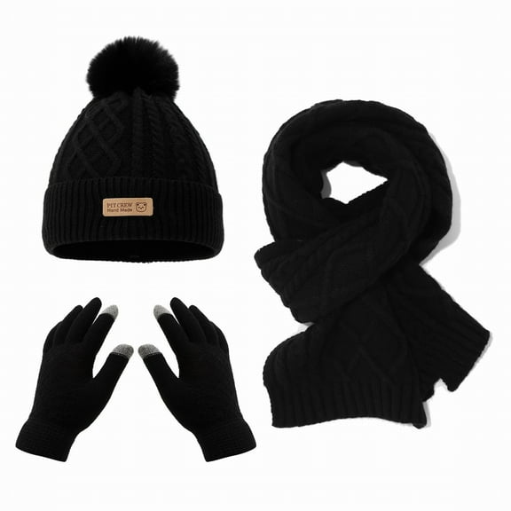 Kids Winter Hat Scarf Gloves 3-Piece Set, Striped Edge Color Block Beanie with PomPom, Fleece Lined Knit Mittens and Neck Warmer, Warm Toddler Accessories for Boys and Girls Ages 2-8 Years Old Black