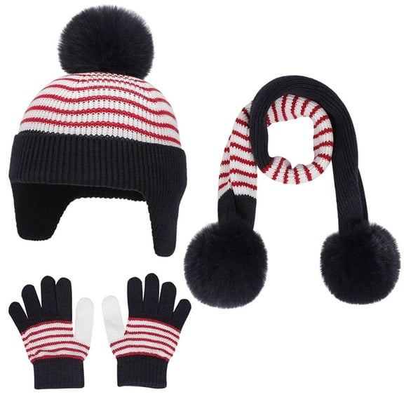 Kids Winter Hat Scarf Gloves Set, 3 in 1 Knitted Beanie Hat Snood Gloves Set Winter Warm Cap Thermal Pom Pom Bobble Hats Neck Warmer for Girls Boys Toddler Children Red 1-5 Years