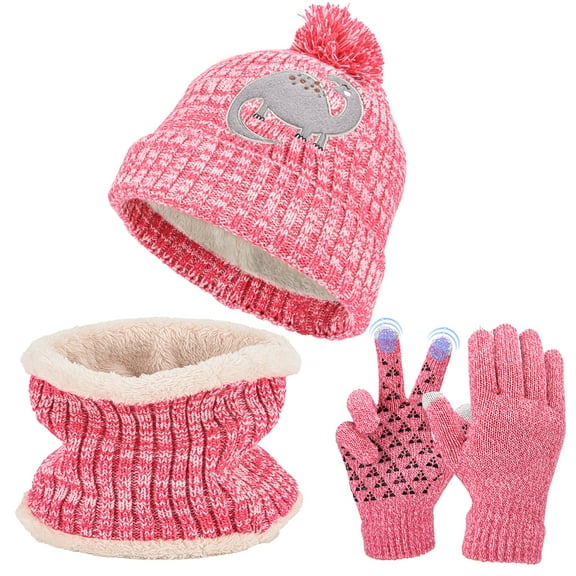 Kids Winter Hat Scarf Gloves Set - 3 Pcs Warm Knit Beanie Circle Scarf Mitten with Fleece Lining for Children Boys Girls - Pink