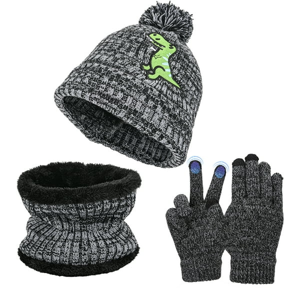 Kids Winter Hat Scarf Gloves Set - 3 Pcs Warm Knit Beanie Circle Scarf Mitten with Fleece Lining for Children Boys Girls