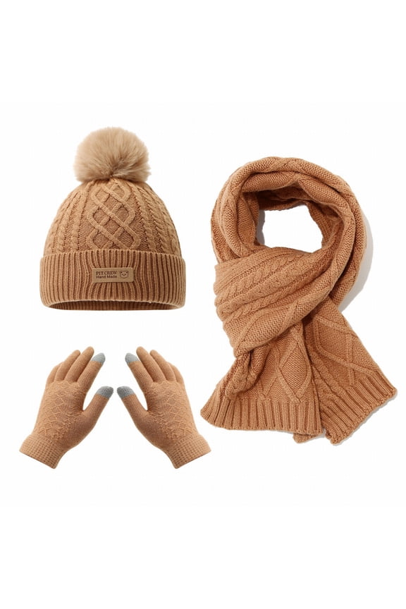 Kids Winter Hat Scarf Gloves Set 3-Piece, Diamond Pattern Bear Logo Fleece Lined Beanie with Mittens and Neck Warmer, Thermal Knit Accessories for Boys and Girls Aged 2-8 Years Old Khaki