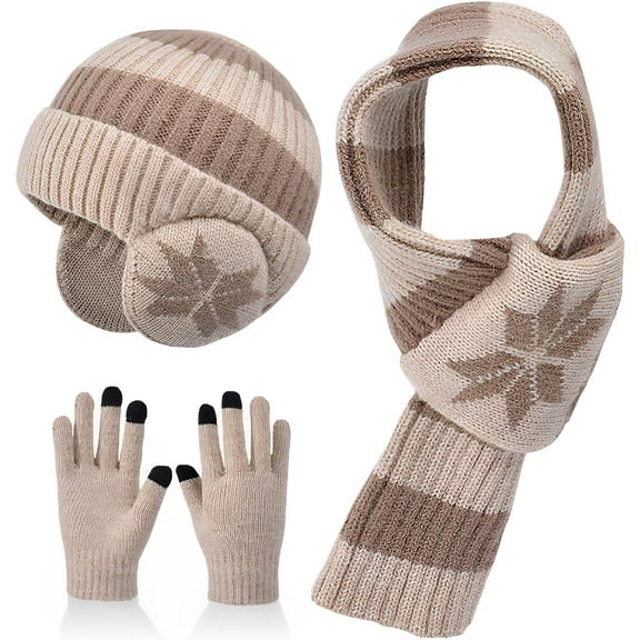 Kids Winter Hat Scarf Gloves Set 3Pcs, 3-12Y Fleece Lined Beanie With Earmuffs Double Layer Scarf Touchscreen Gloves Toddlers