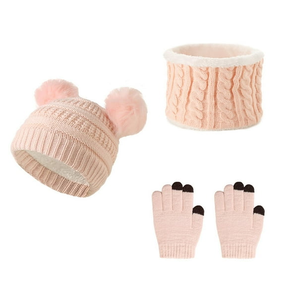 Kids Winter Hat Scarf Gloves Set Children's Warm Knit Fleece Lined Pompom Hat for Kids Ages 4-10 Boys and Girls