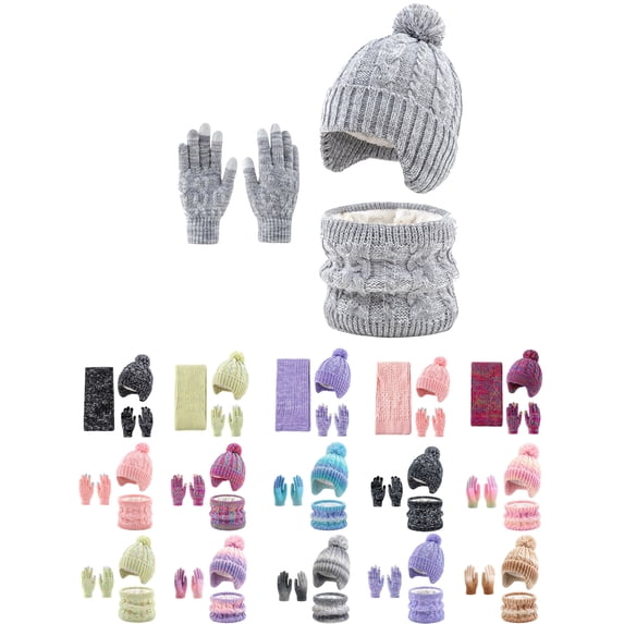 Girls Winter Hat Beanie Scarf & Gloves Set,Unisex, Cartoon Pattern, Casual & Practical, 3 Count, Winter Holidays Gift
