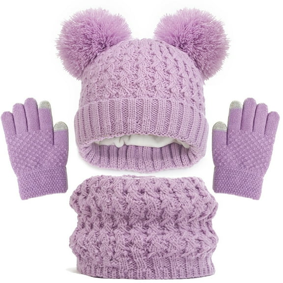 Kids Winter Hat Scarf Gloves Set Lined Warm Knit Pom Neck Warmer Mittens for Toddler Girls Boys