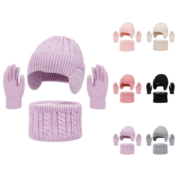 Kids Winter Hat Scarf Gloves Set - Plush Fleece Lined Touchscreen Knit Beanie Neck Warmer Mittens, Warm Stocking Stuffers, For Girls Boys Age 2-18