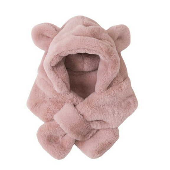 Kids Winter Hat Scarf Plush Cross Thicken Solid Color One-Piece Thermal Ear Decor Cold-proof Baby Bonnet Scarf Infant Accessories