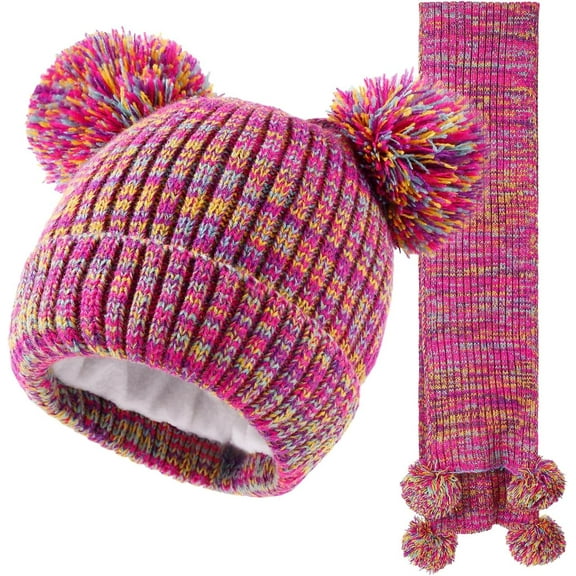 Kids Winter Hat Scarf Set, Toddler Children Knit Warm Beanie Scarf Set Soft Thermal Cap Neck Warmer Scarf with Pom Balls for 1-5 Years Old