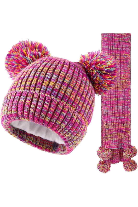 Kids Winter Hat Scarf Set, Toddler Children Knit Warm Beanie Scarf Set Soft Thermal Cap Neck Warmer Scarf with Pom Balls for 1-5 Years Old