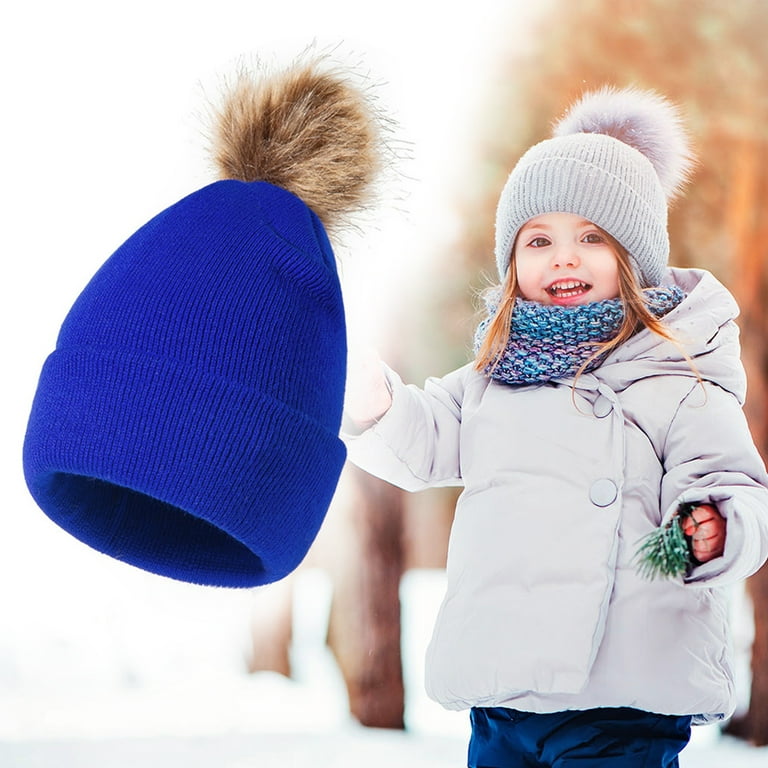 Kids Winter Hat Toddler Knitted Pom Beanie Hat Cotton Lined Cap Baby Girls  Boys Hat Blue