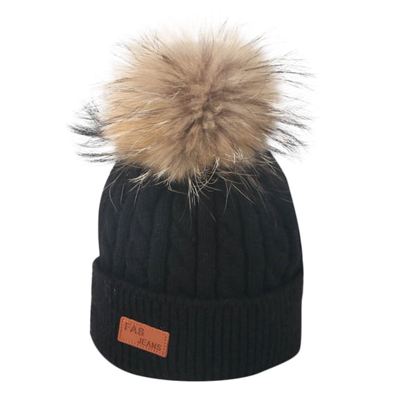 Kids Winter Hat Toddler Knitted Pom Beanie Hat Cotton Lined Faux Fur Pom Pom Cap Baby Girls Boys Beanies