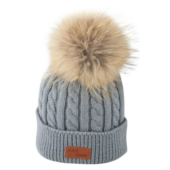 Kids Winter Hat Toddler Knitted Pom Beanie Hat Cotton Lined Faux Fur Pom Pom Cap Baby Girls Boys Beanies